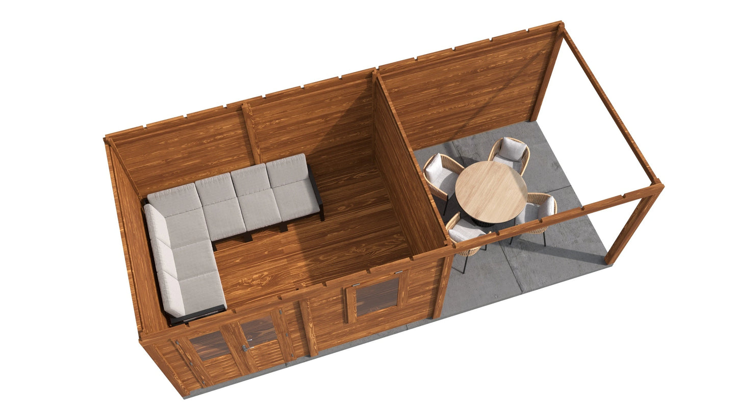 Lugarde Select Modern summerhouse 28mm with veranda Newport 388x300cm + 300cm - Brown Wood Oil
