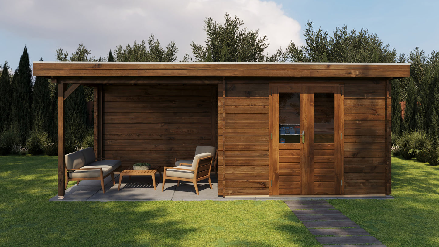 Lugarde Select Log Cabin with veranda Tyne 300x300cm + 300cm - Pressure treated Brown