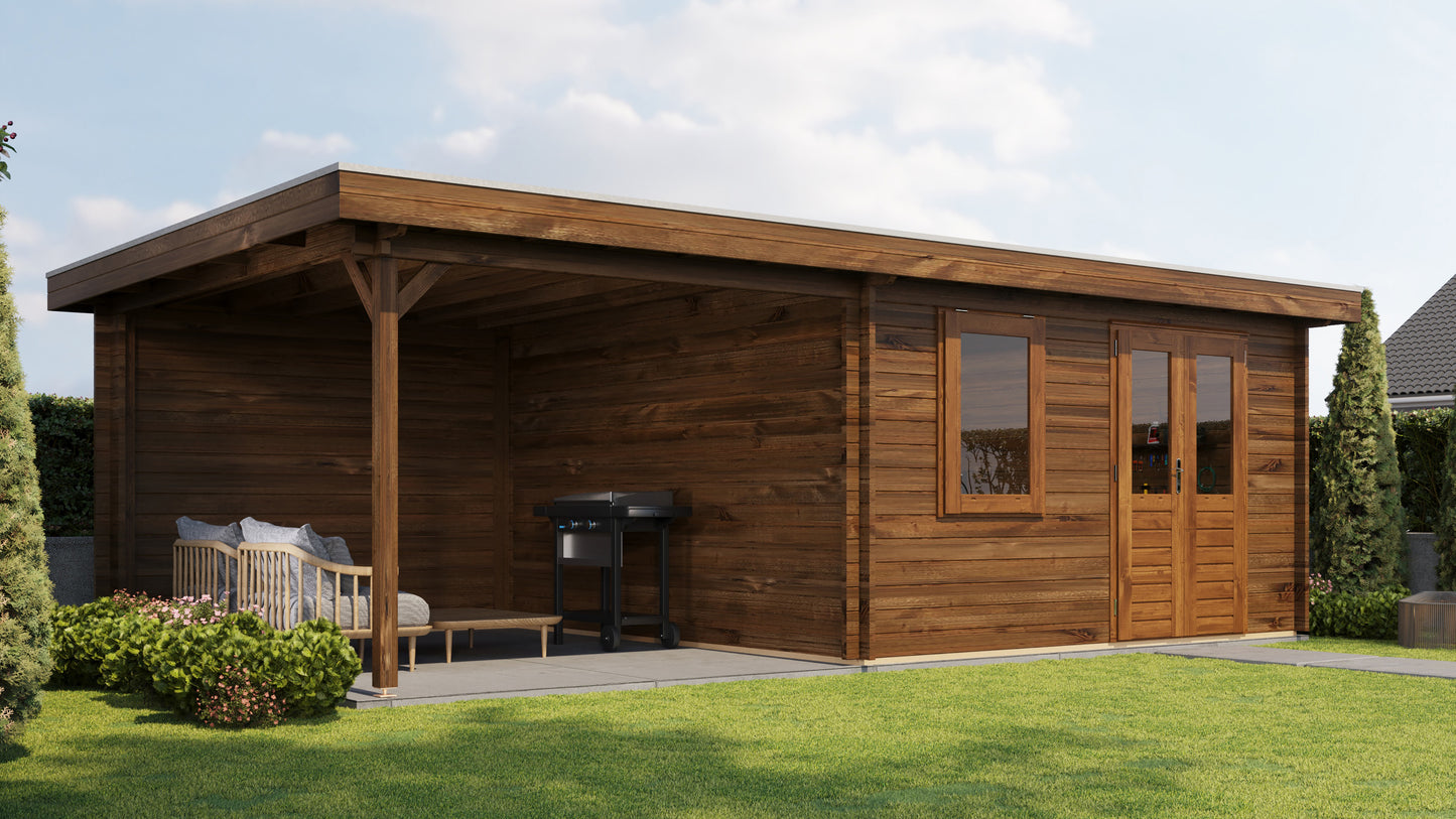 Lugarde Select Log Cabin with veranda Glencoe 400x400cm + 300cm - Pressure treated Brown