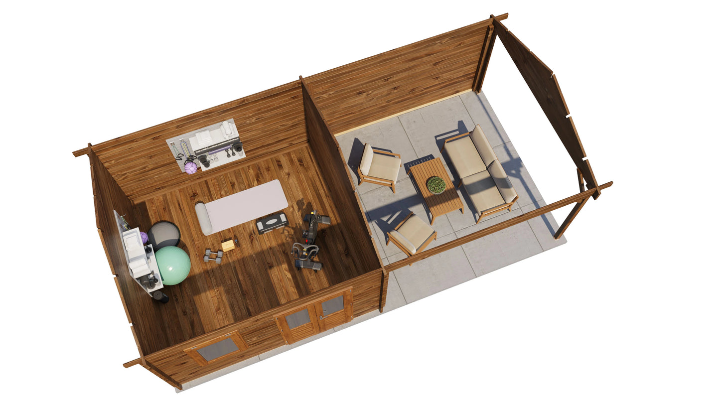 Lugarde Select Log Cabin with veranda Mersey 400x400cm + 400cm - Pressure treated Brown