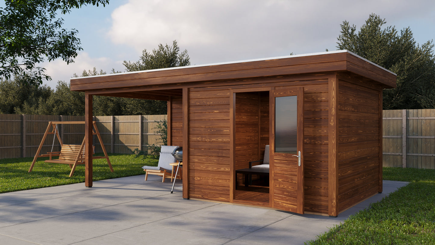 Lugarde Select Modern summerhouse 28mm with veranda Cambridge 300x300cm + 300cm - Brown Wood Oil