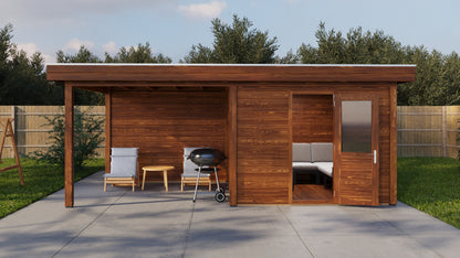 Lugarde Select Modern summerhouse 28mm with veranda Cambridge 300x300cm + 300cm - Brown Wood Oil