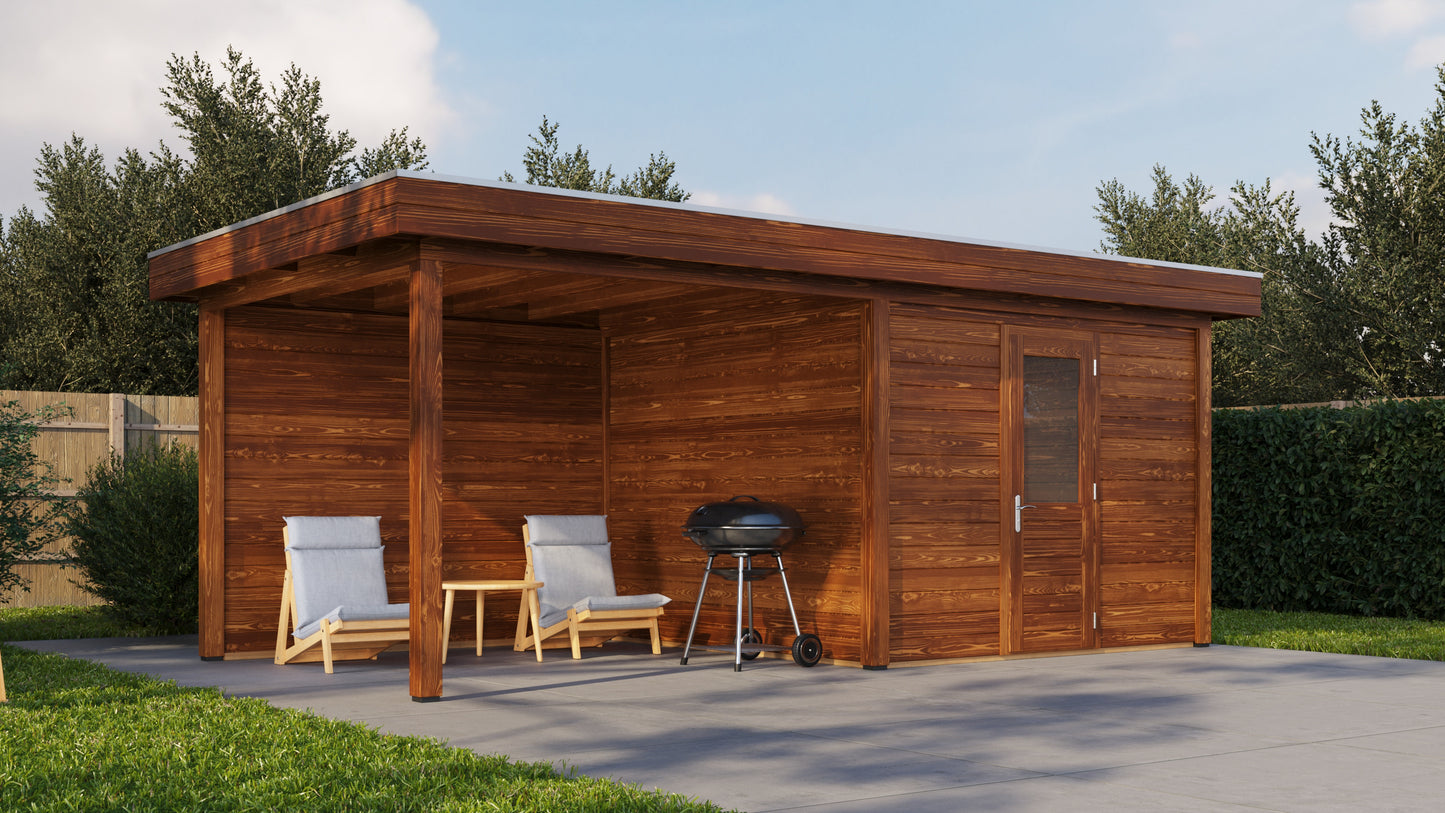 Lugarde Select Modern summerhouse 28mm with veranda Cambridge 300x300cm + 300cm - Brown Wood Oil