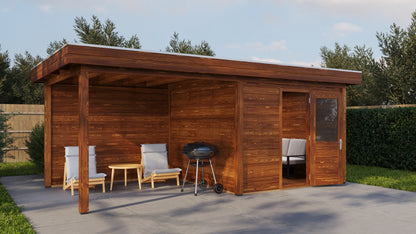 Lugarde Select Modern summerhouse 28mm with veranda Cambridge 300x300cm + 300cm - Brown Wood Oil