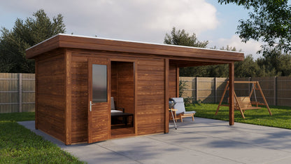Lugarde Select Modern summerhouse 28mm with veranda Cambridge 300x300cm + 300cm - Brown Wood Oil