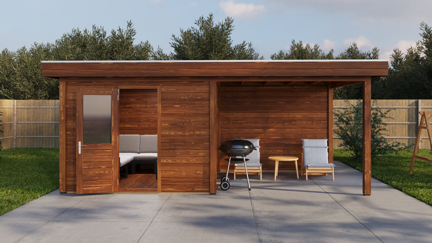 Lugarde Select Modern summerhouse 28mm with veranda Cambridge 300x300cm + 300cm - Brown Wood Oil