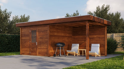 Lugarde Select Modern summerhouse 28mm with veranda Cambridge 300x300cm + 300cm - Brown Wood Oil