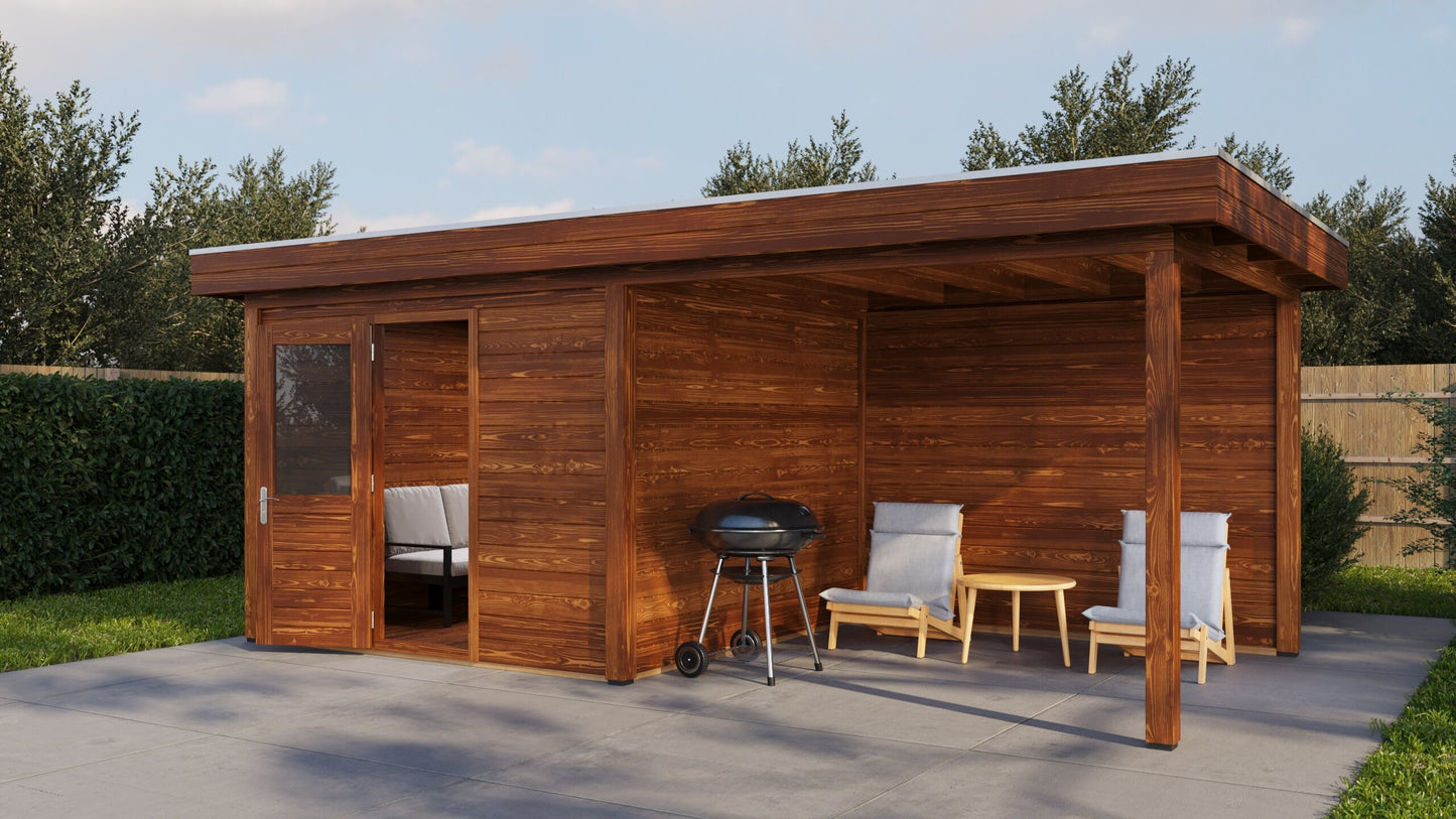 Lugarde Select Modern summerhouse 28mm with veranda Cambridge 300x300cm + 300cm - Brown Wood Oil