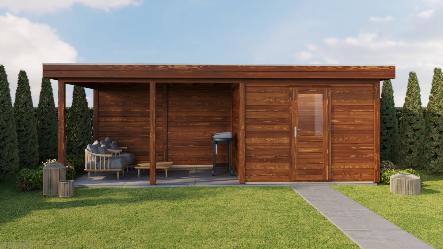 Lugarde Select Modern summerhouse 28mm with veranda Glasgow 300x300cm + 400cm - Brown Wood Oil