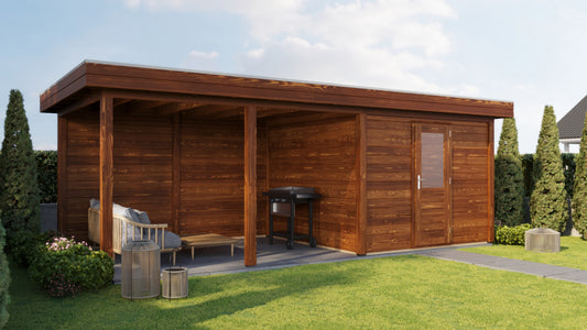 Lugarde Select Modern summerhouse 28mm with veranda Glasgow 300x300cm + 400cm - Brown Wood Oil