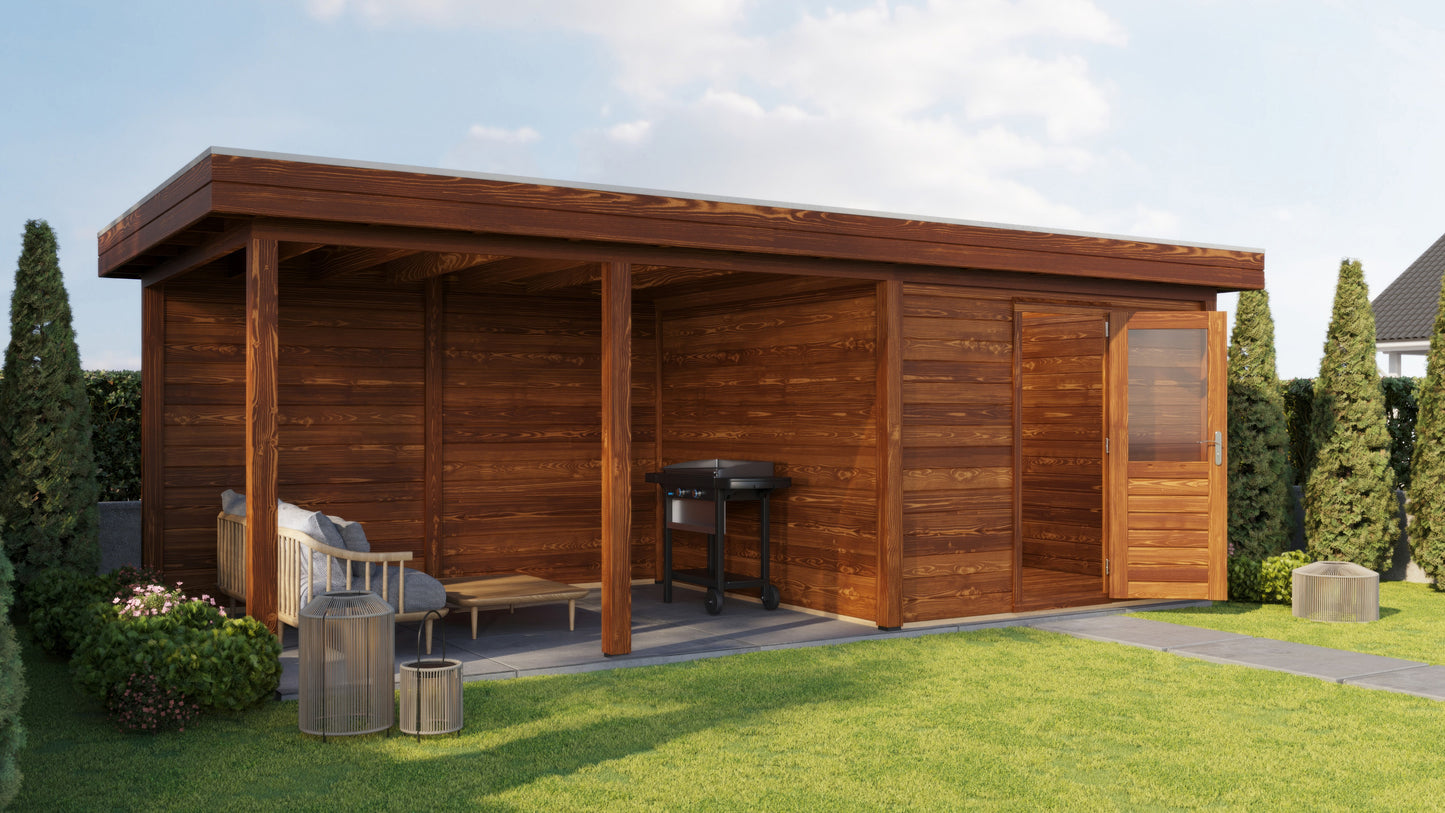 Lugarde Select Modern summerhouse 28mm with veranda Glasgow 300x300cm + 400cm - Brown Wood Oil