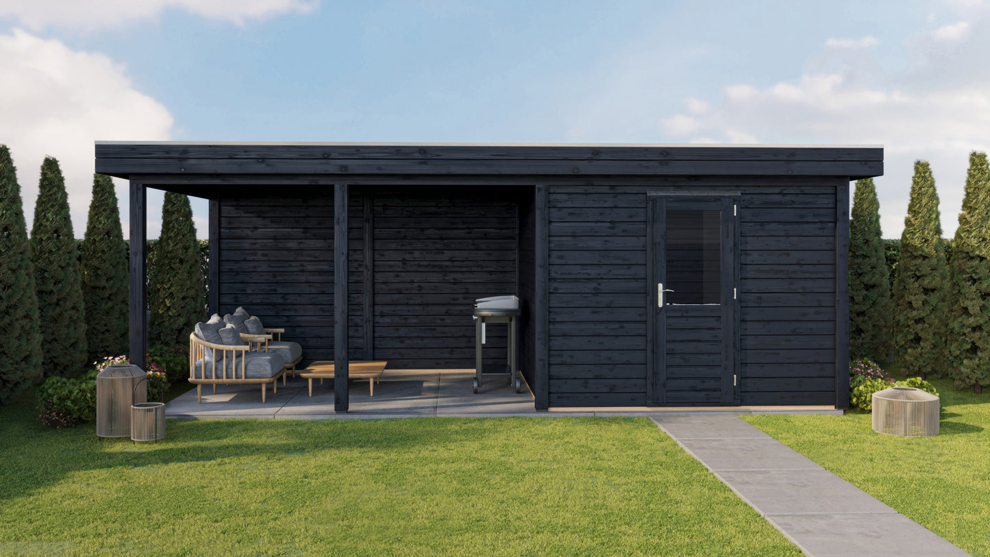 Lugarde Select Modern summerhouse 28mm with veranda Glasgow 300x300cm + 400cm - Black Wood Oil