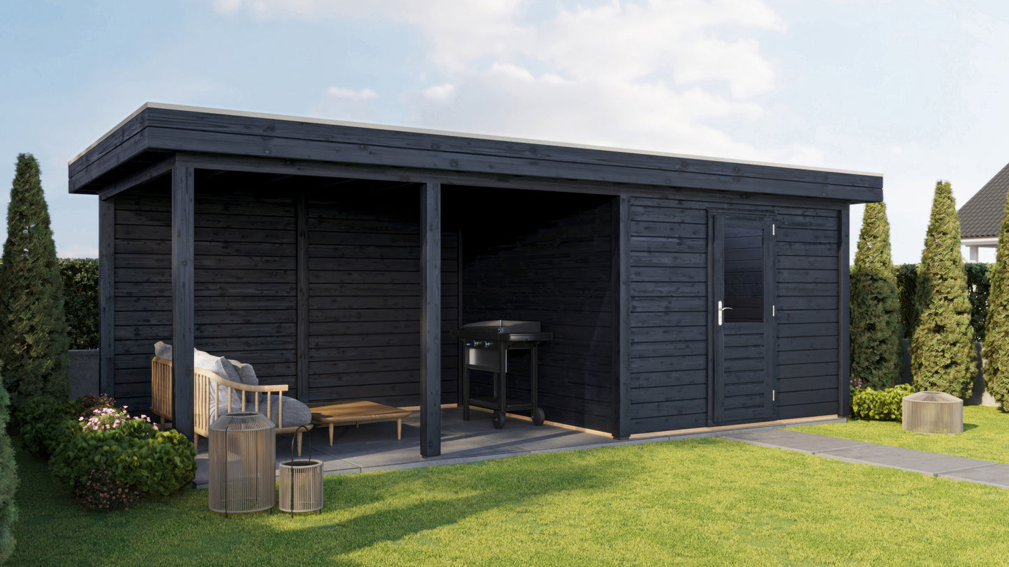 Lugarde Select Modern summerhouse 28mm with veranda Glasgow 300x300cm + 400cm - Black Wood Oil