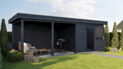 Lugarde Select Modern summerhouse 28mm with veranda Glasgow 300x300cm + 400cm - Black Wood Oil