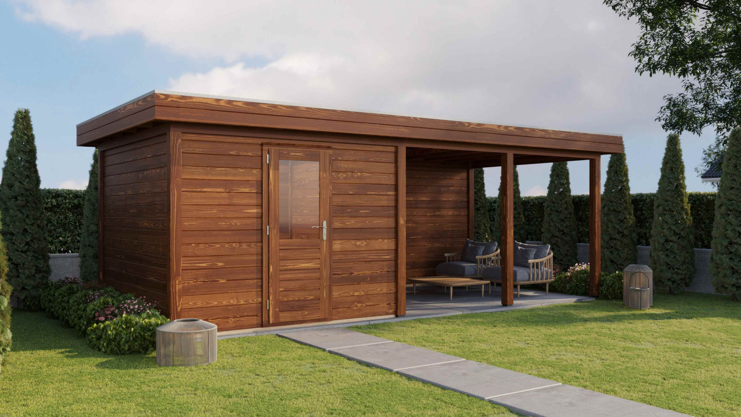 Lugarde Select Modern summerhouse 28mm with veranda Glasgow 300x300cm + 400cm - Brown Wood Oil
