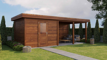 Lugarde Select Modern summerhouse 28mm with veranda Glasgow 300x300cm + 400cm - Brown Wood Oil