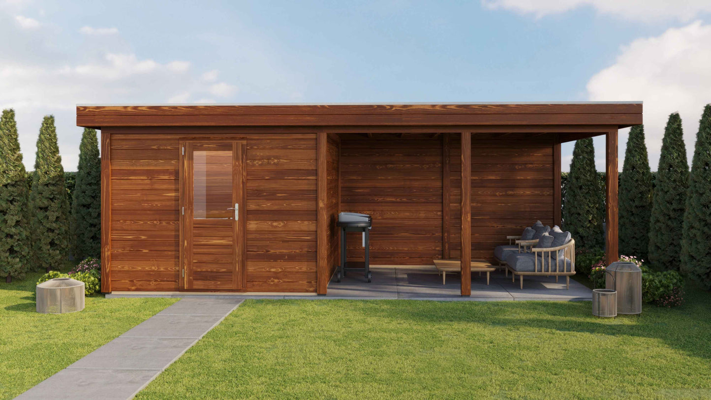 Lugarde Select Modern summerhouse 28mm with veranda Glasgow 300x300cm + 400cm - Brown Wood Oil