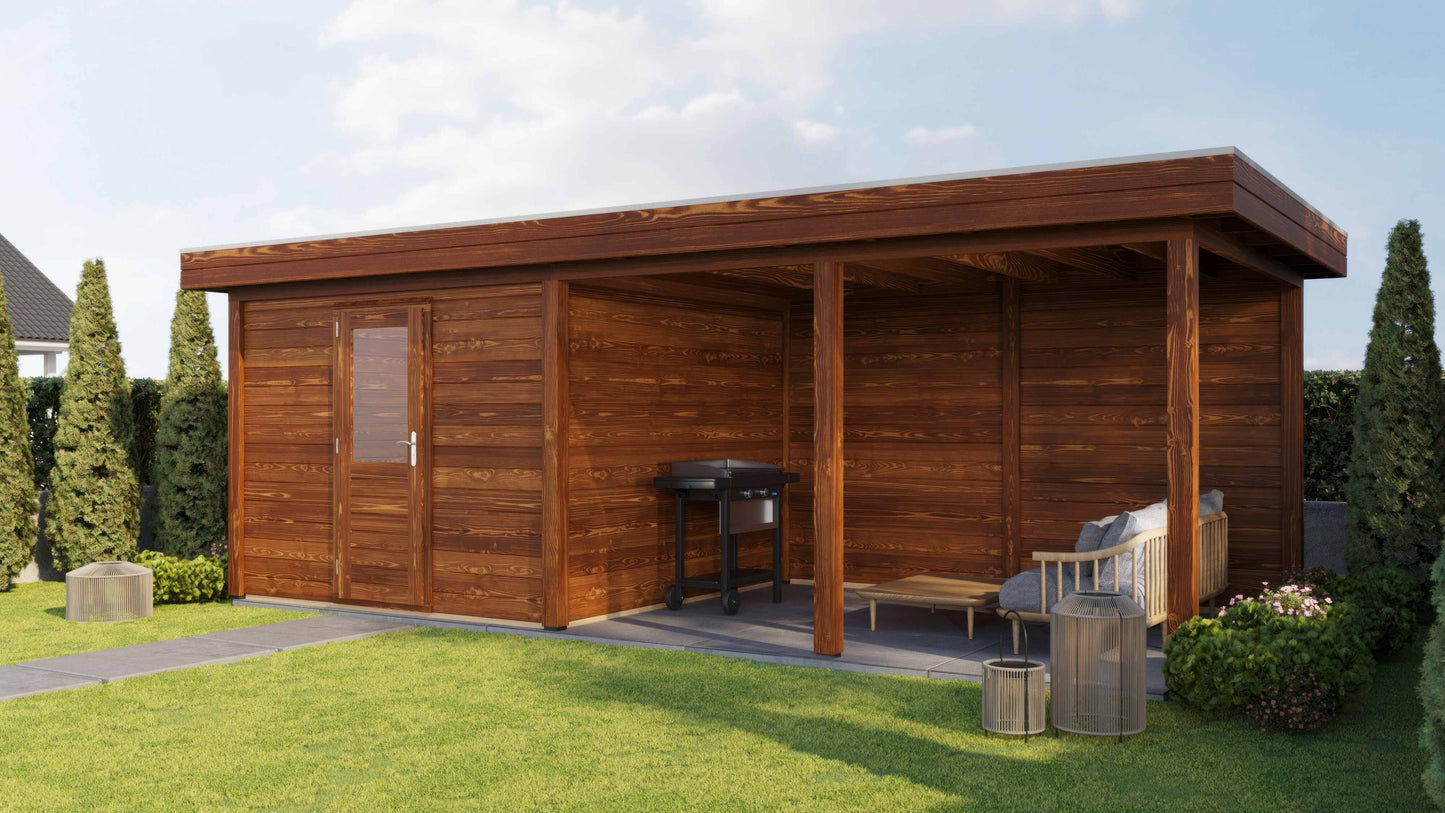 Lugarde Select Modern summerhouse 28mm with veranda Glasgow 300x300cm + 400cm - Brown Wood Oil
