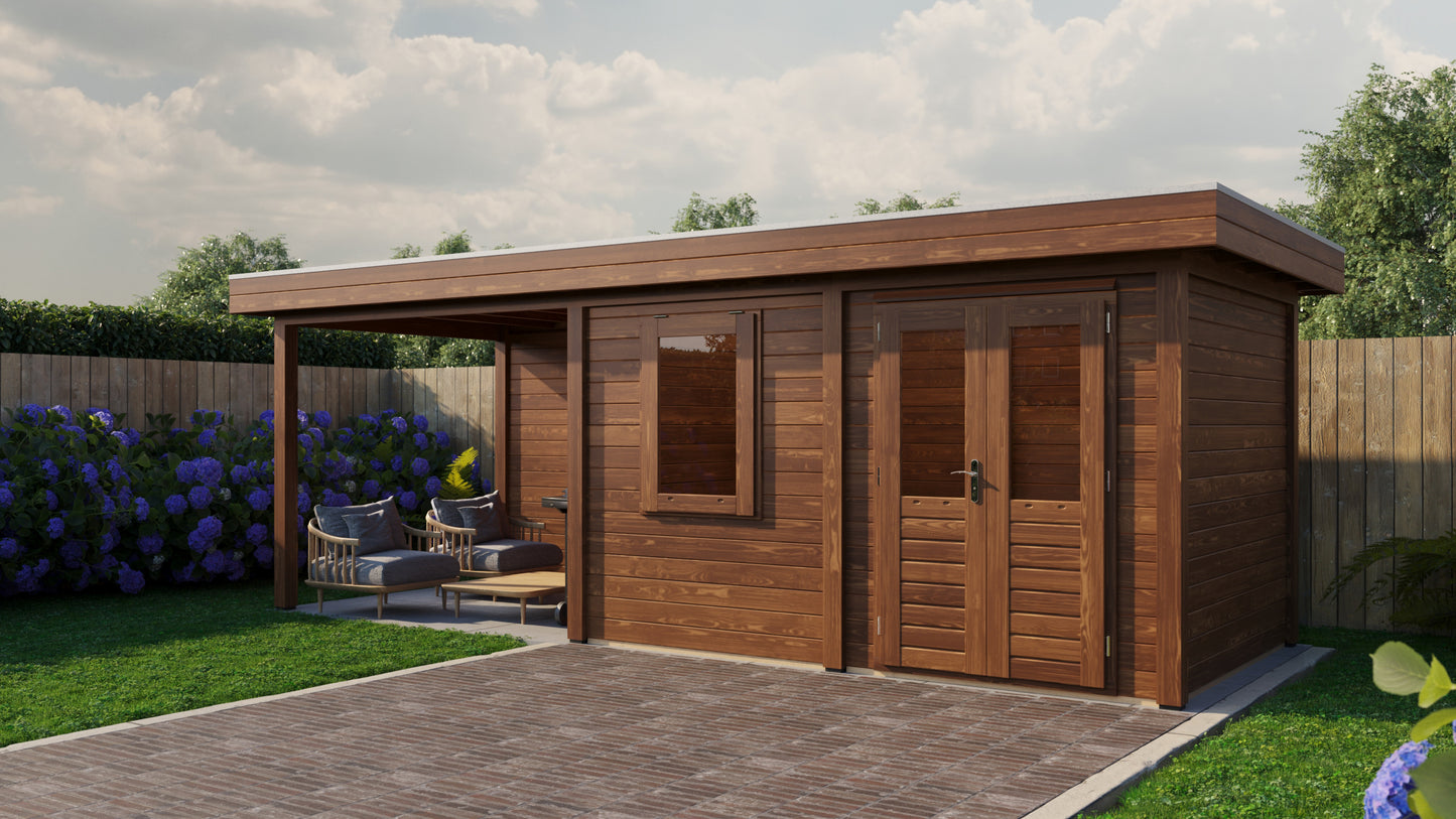 Lugarde Select Modern summerhouse 28mm with veranda Dublin 388x250cm + 300cm - Brown Wood Oil