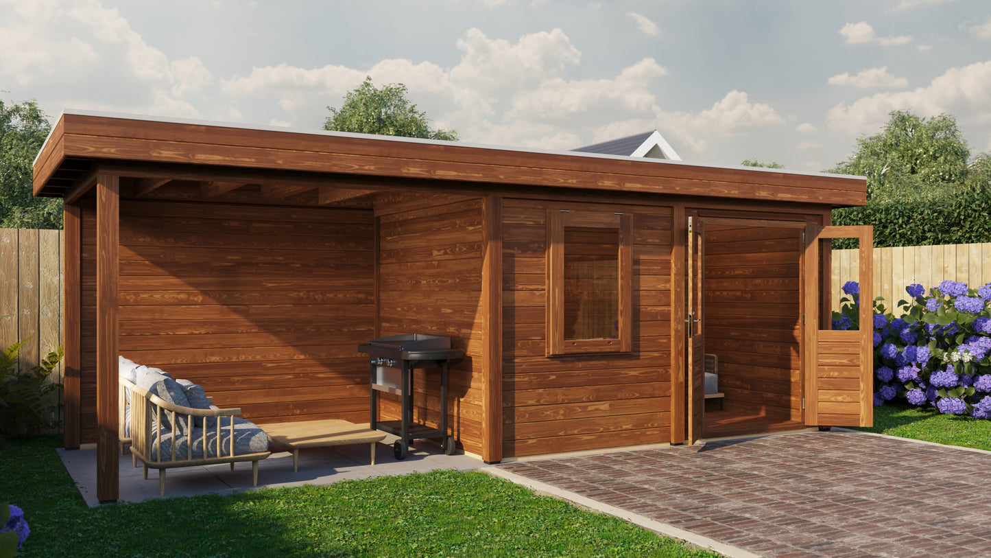 Lugarde Select Modern summerhouse 28mm with veranda Dublin 388x250cm + 300cm - Brown Wood Oil
