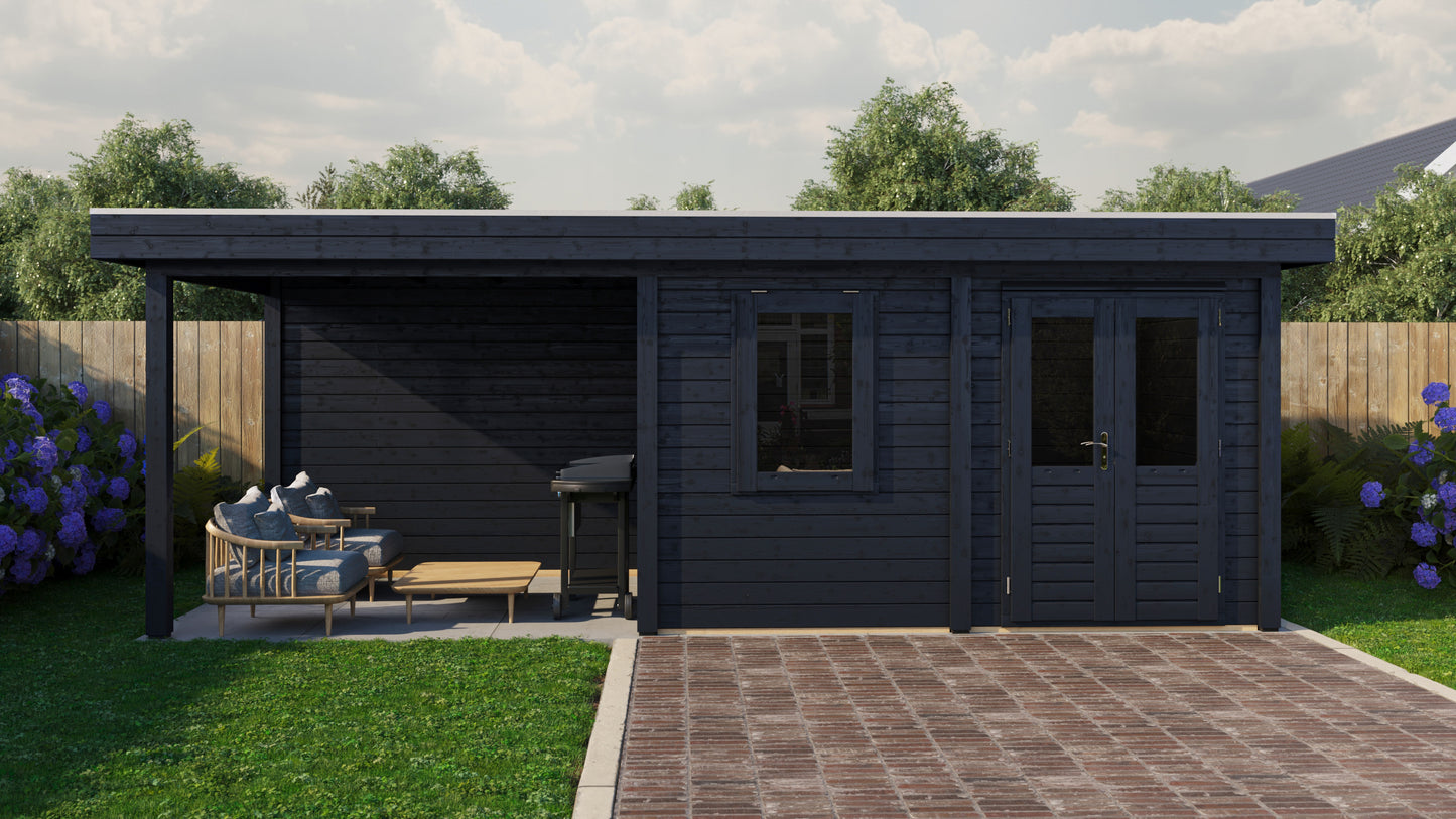 Lugarde Select Modern summerhouse 28mm with veranda Dublin 388x250cm + 300cm - Black Wood Oil