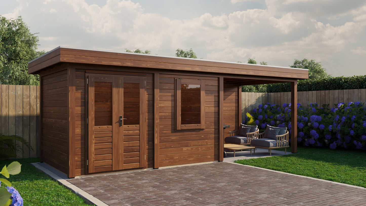 Lugarde Select Modern summerhouse 28mm with veranda Dublin 388x250cm + 300cm - Brown Wood Oil