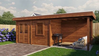 Lugarde Select Modern summerhouse 28mm with veranda Dublin 388x250cm + 300cm - Brown Wood Oil