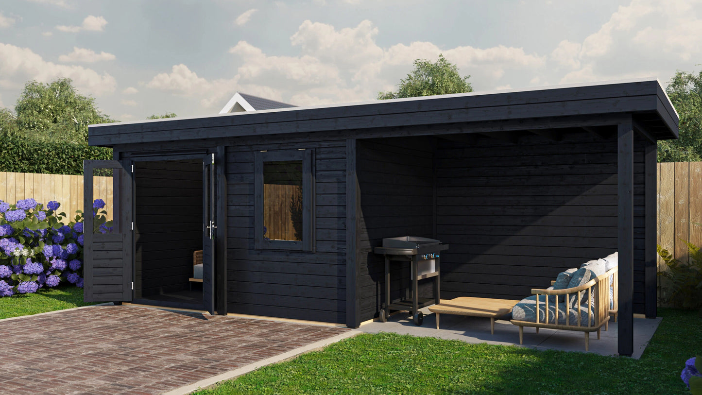 Lugarde Select Modern summerhouse 28mm with veranda Dublin 388x250cm + 300cm - Black Wood Oil