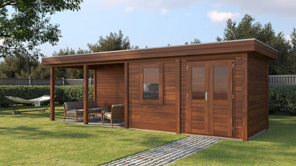 Lugarde Select Modern summerhouse 28mm with veranda Belfast 388x250cm + 400cm - Brown Wood Oil