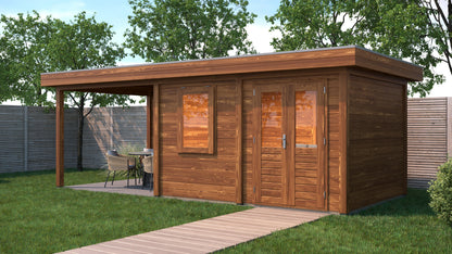 Lugarde Select Modern summerhouse 28mm with veranda Newport 388x300cm + 300cm - Brown Wood Oil