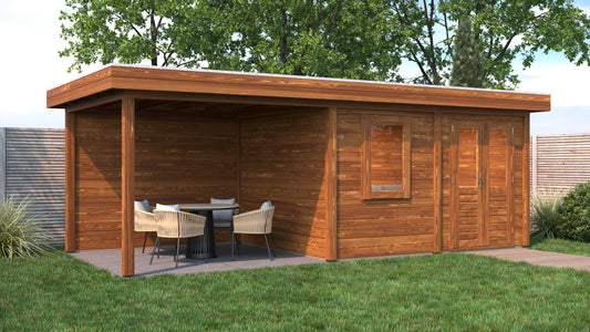 Lugarde Select Modern summerhouse 28mm with veranda Newport 388x300cm + 300cm - Brown Wood Oil