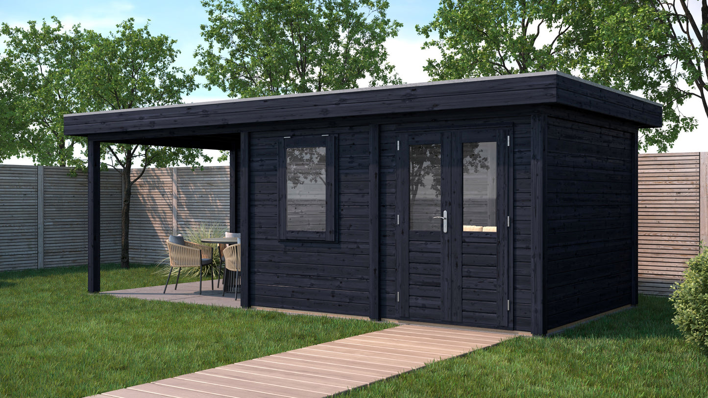 Lugarde Select Modern summerhouse 28mm with veranda Newport 388x300cm + 300cm - Black Wood Oil