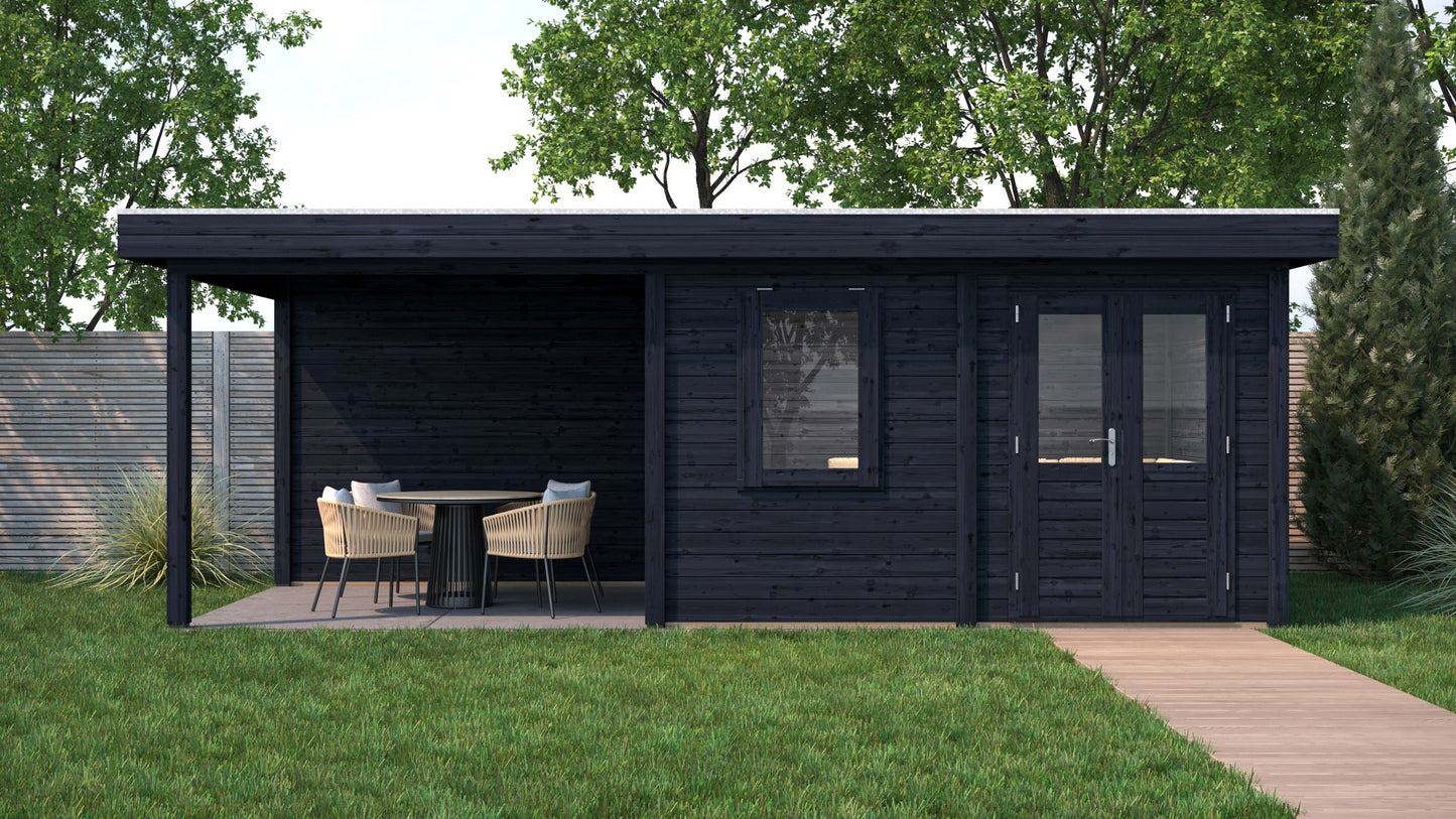 Lugarde Select Modern summerhouse 28mm with veranda Newport 388x300cm + 300cm - Black Wood Oil