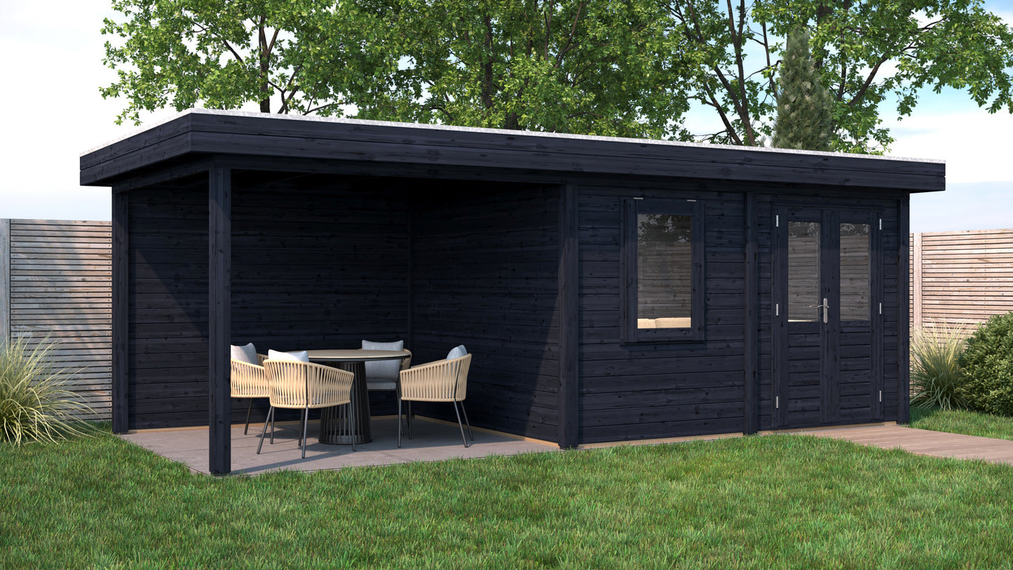 Lugarde Select Modern summerhouse 28mm with veranda Newport 388x300cm + 300cm - Black Wood Oil