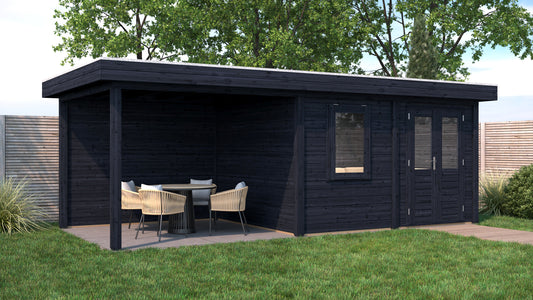 Lugarde Select Modern summerhouse 28mm with veranda Newport 388x300cm + 300cm - Black Wood Oil