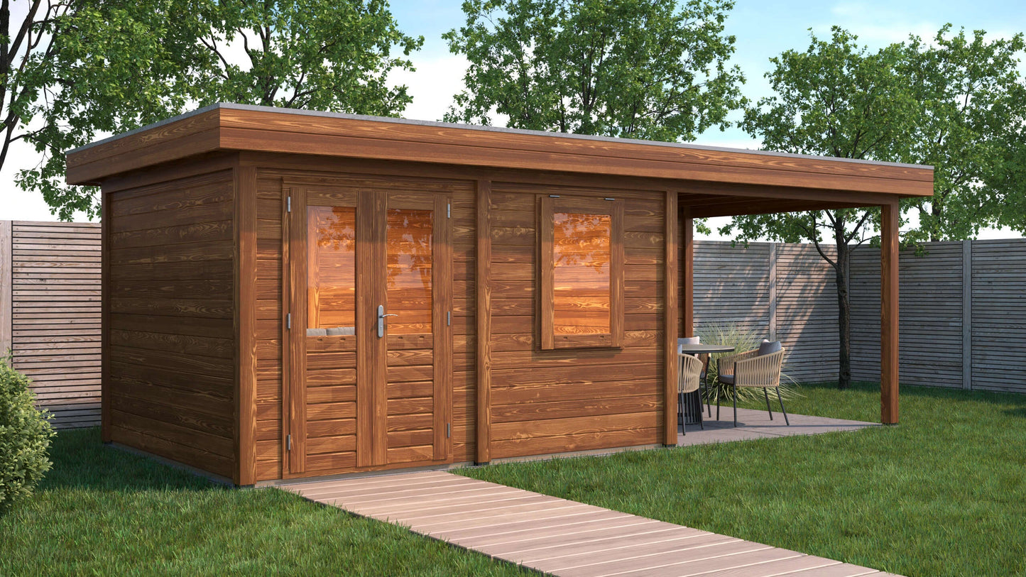 Lugarde Select Modern summerhouse 28mm with veranda Newport 388x300cm + 300cm - Brown Wood Oil