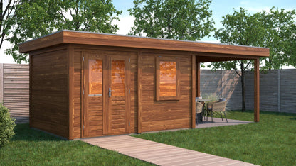 Lugarde Select Modern summerhouse 28mm with veranda Newport 388x300cm + 300cm - Brown Wood Oil