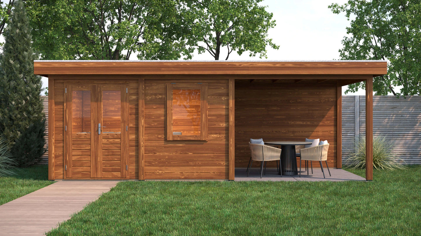 Lugarde Select Modern summerhouse 28mm with veranda Newport 388x300cm + 300cm - Brown Wood Oil
