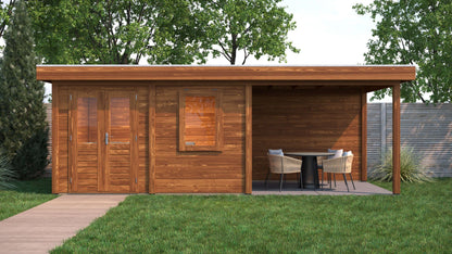 Lugarde Select Modern summerhouse 28mm with veranda Newport 388x300cm + 300cm - Brown Wood Oil