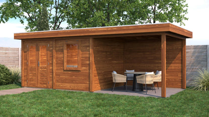 Lugarde Select Modern summerhouse 28mm with veranda Newport 388x300cm + 300cm - Brown Wood Oil