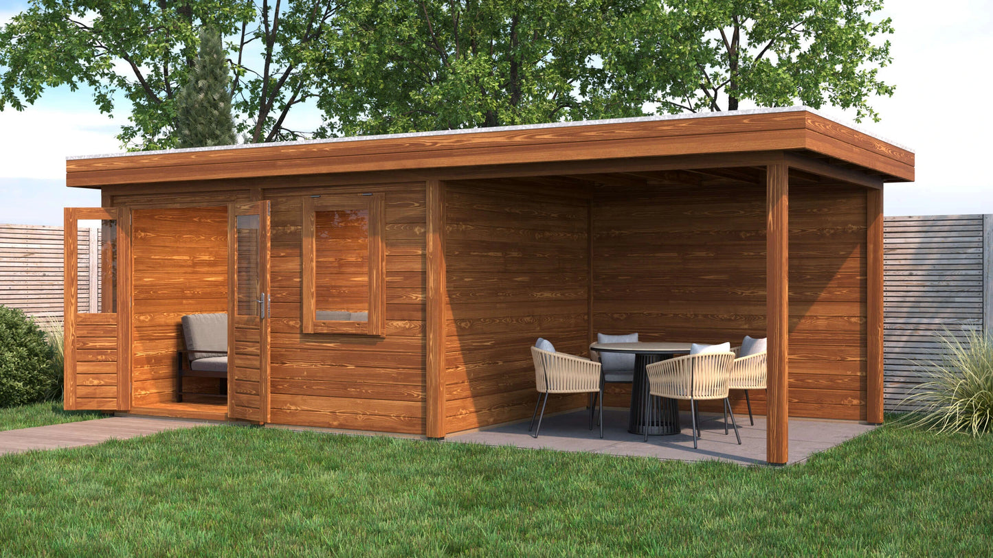 Lugarde Select Modern summerhouse 28mm with veranda Newport 388x300cm + 300cm - Brown Wood Oil