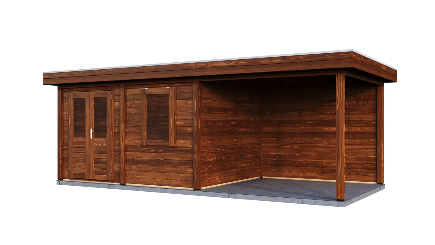 Lugarde Select Modern summerhouse 28mm with veranda Newport 388x300cm + 300cm - Brown Wood Oil