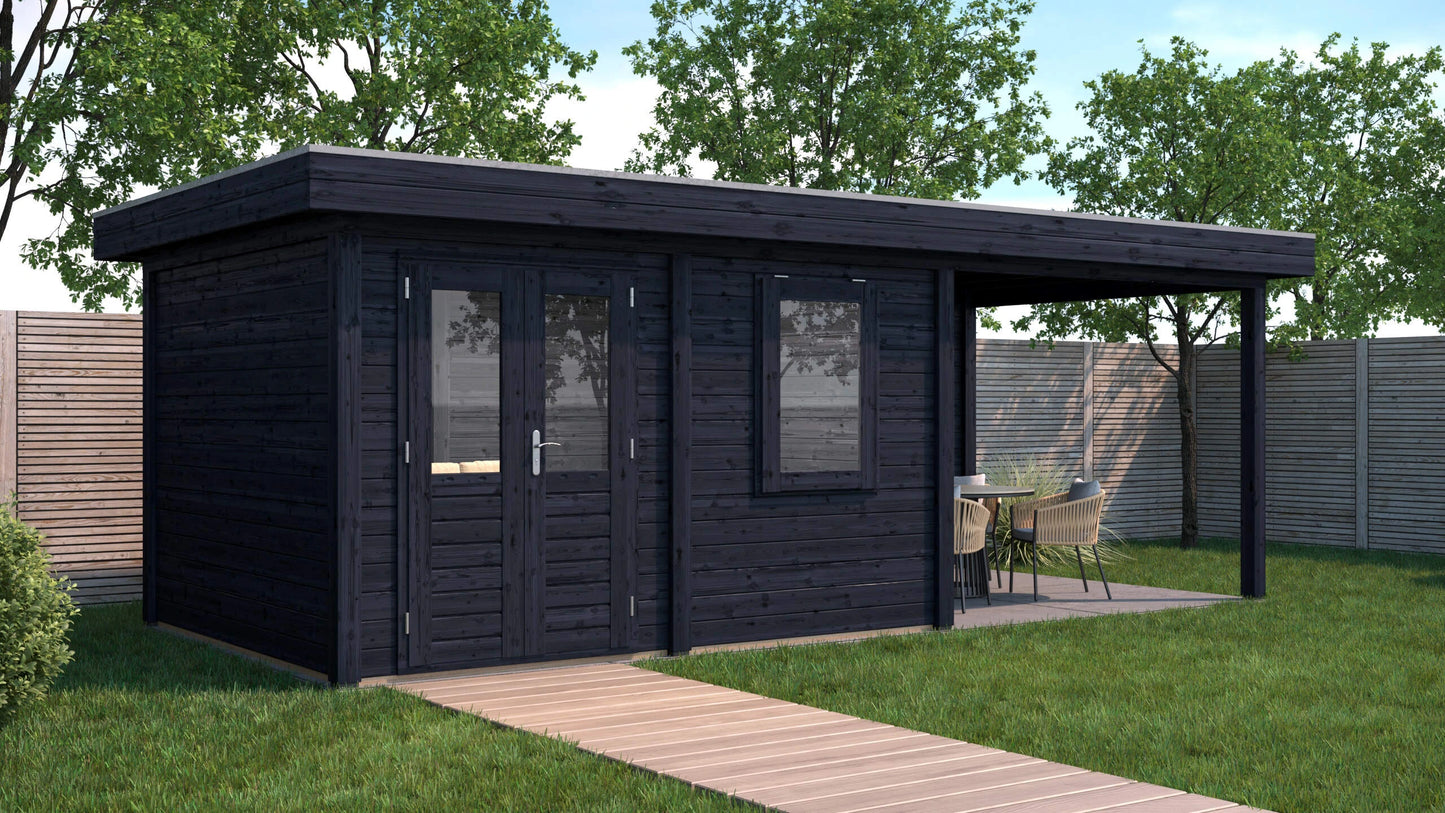 Lugarde Select Modern summerhouse 28mm with veranda Newport 388x300cm + 300cm - Black Wood Oil