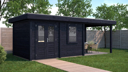 Lugarde Select Modern summerhouse 28mm with veranda Newport 388x300cm + 300cm - Black Wood Oil