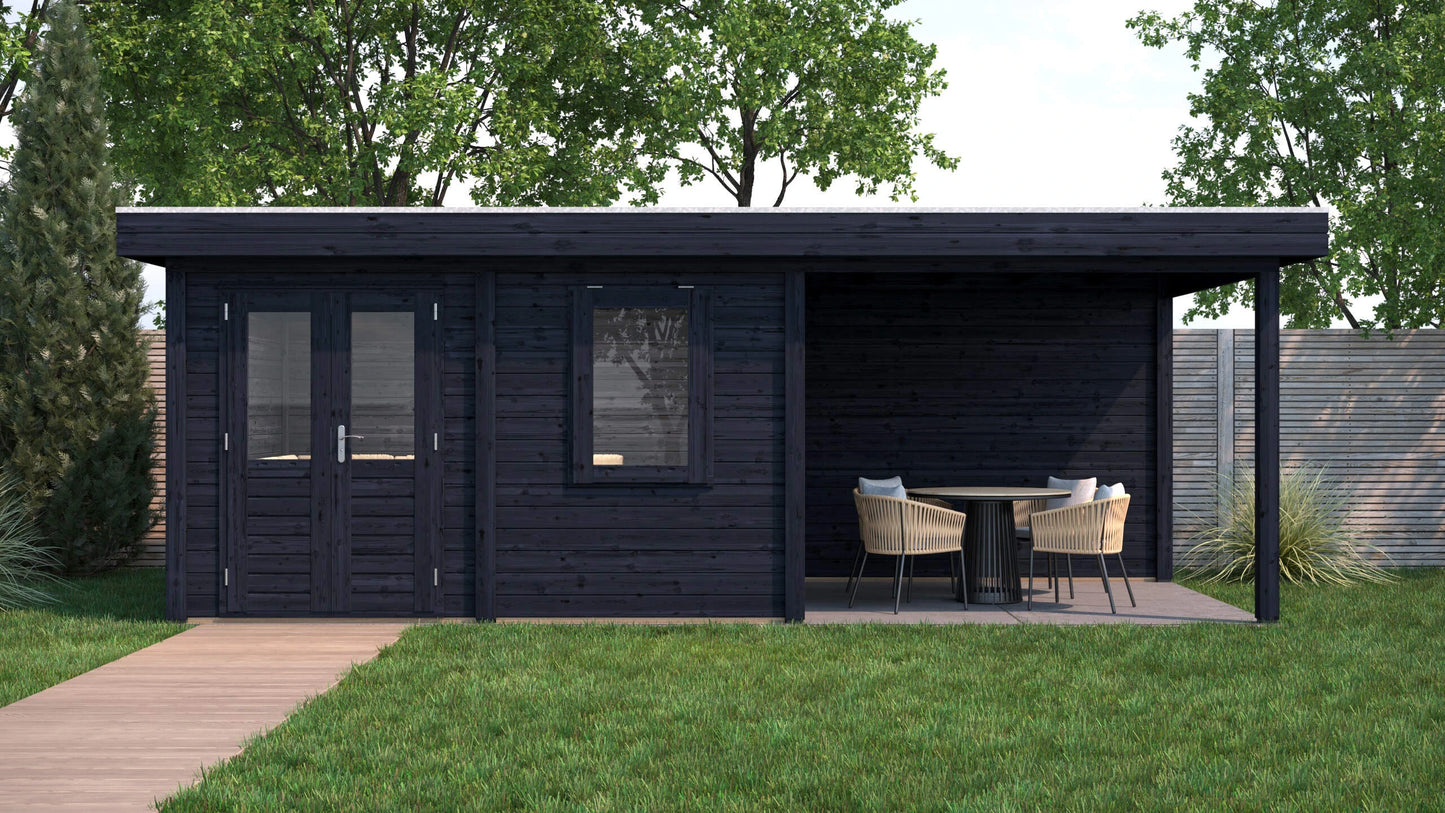 Lugarde Select Modern summerhouse 28mm with veranda Newport 388x300cm + 300cm - Black Wood Oil