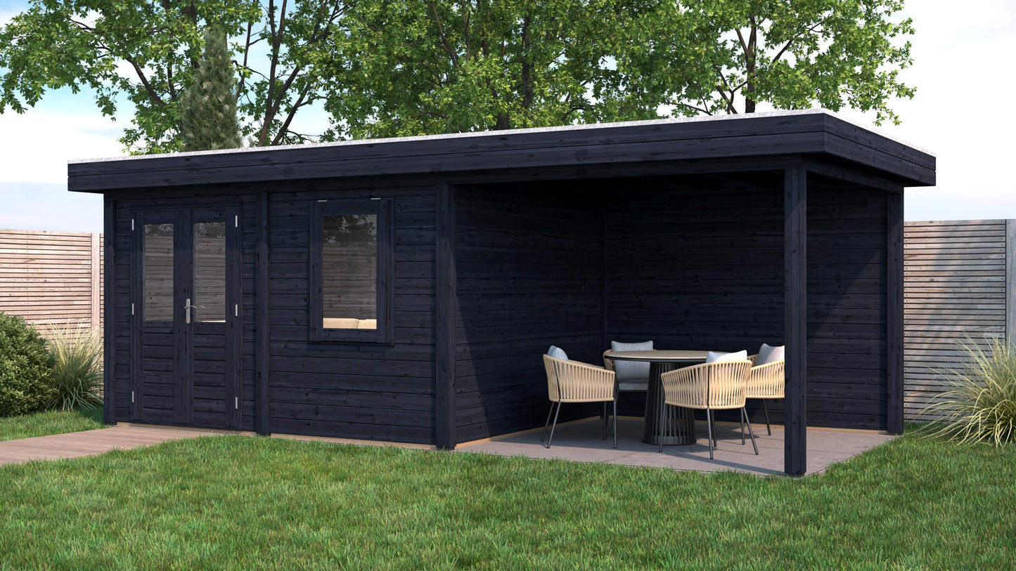 Lugarde Select Modern summerhouse 28mm with veranda Newport 388x300cm + 300cm - Black Wood Oil