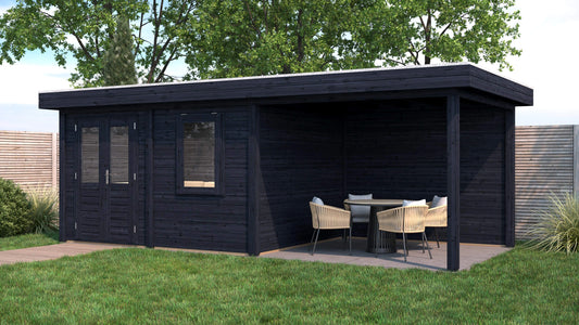 Lugarde Select Modern summerhouse 28mm with veranda Newport 388x300cm + 300cm - Black Wood Oil