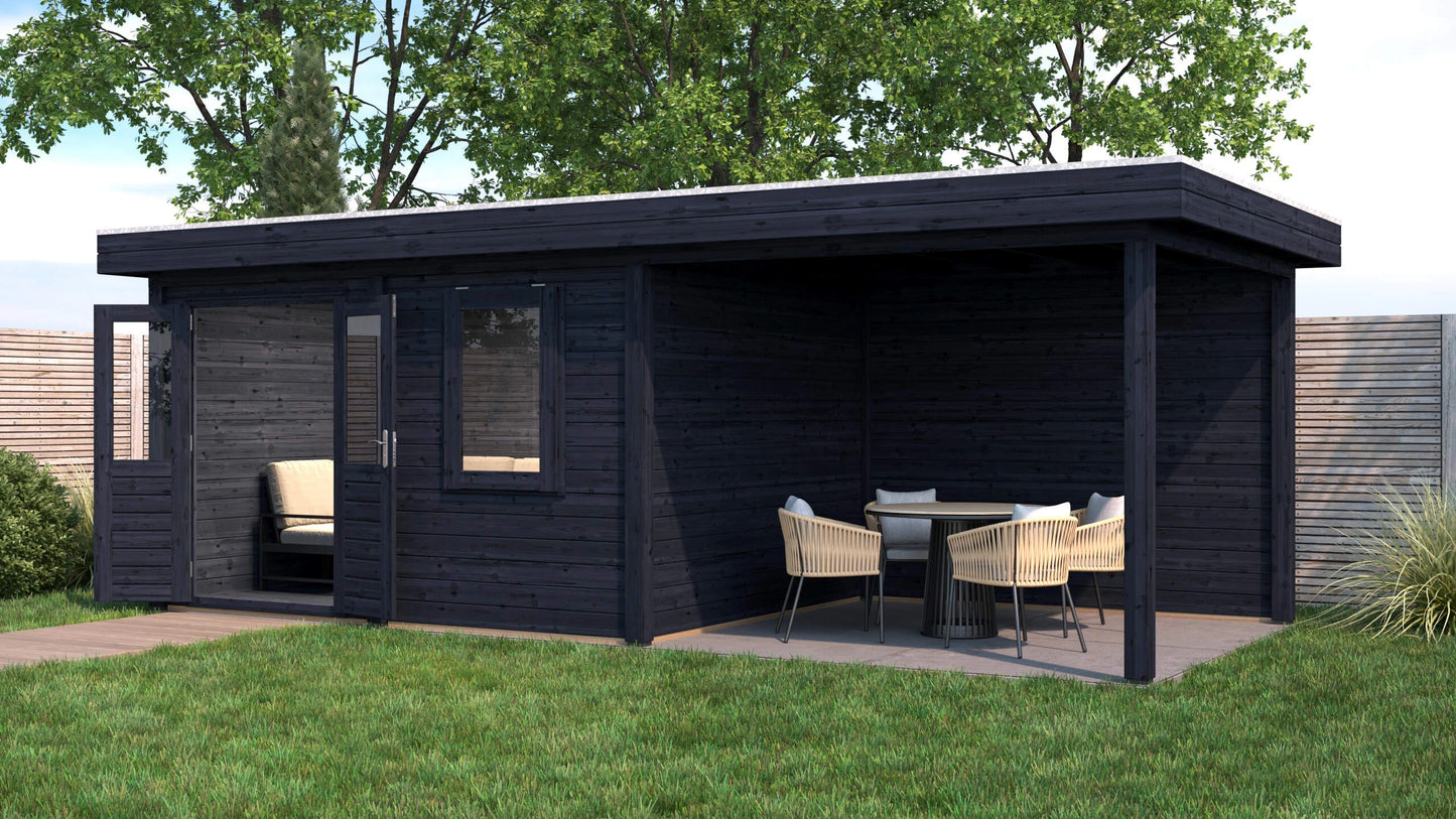 Lugarde Select Modern summerhouse 28mm with veranda Newport 388x300cm + 300cm - Black Wood Oil