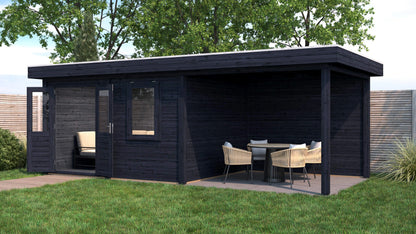 Lugarde Select Modern summerhouse 28mm with veranda Newport 388x300cm + 300cm - Black Wood Oil