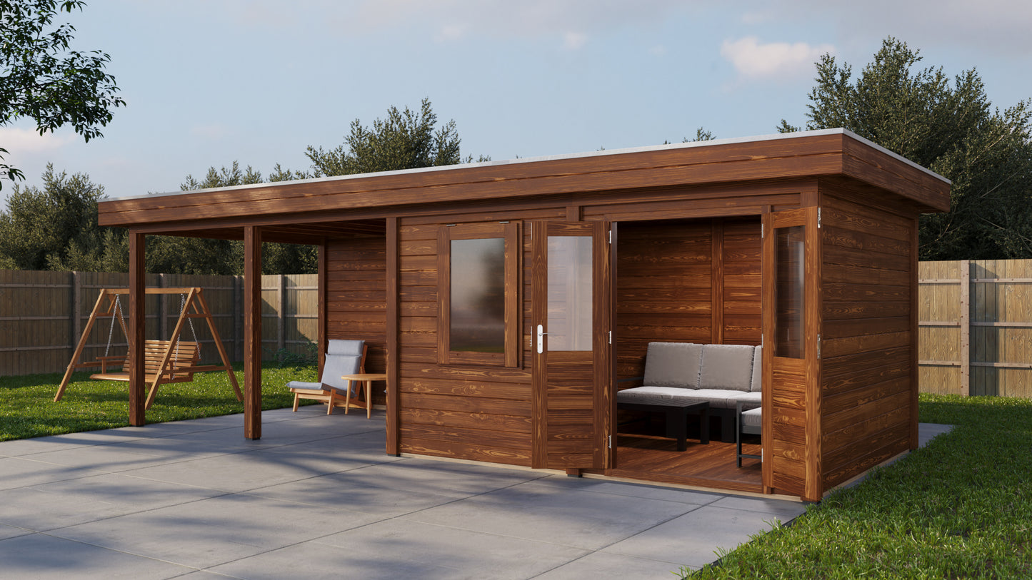 Lugarde Select Modern summerhouse 28mm with veranda Exeter 388x300cm + 400cm - Brown Wood Oil